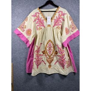 Joiemont Clothing Womens XS Embroidered Boho Tunic Top Pink Cream V-Neck Kimono